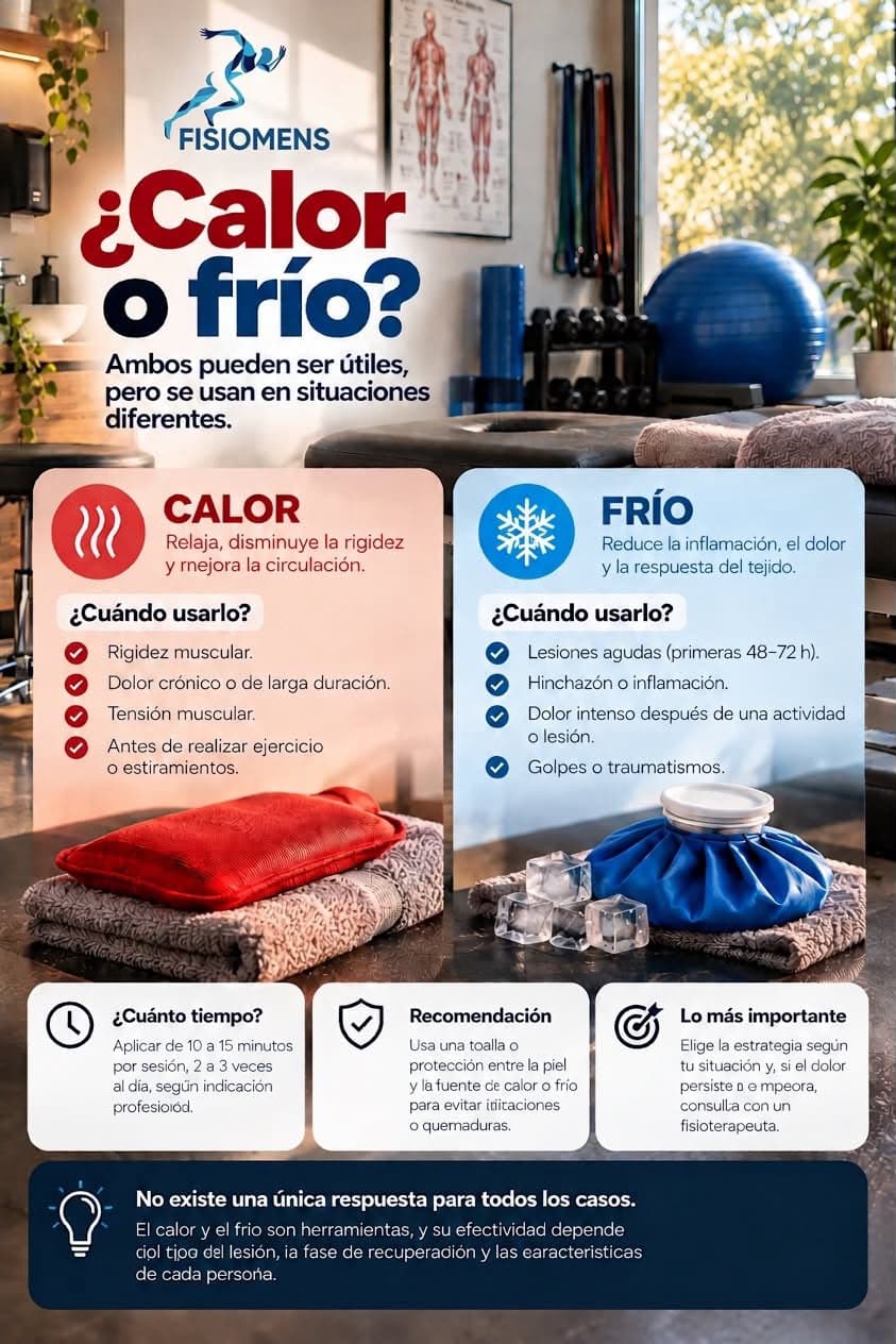 Infografía de FISIOMENS sobre cuándo usar calor o frío